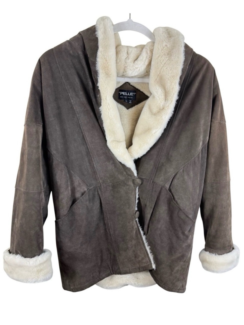Pelle Vintage Brown Suede Leather Hooded Faux Fur Trim Jacket Womens Size Large